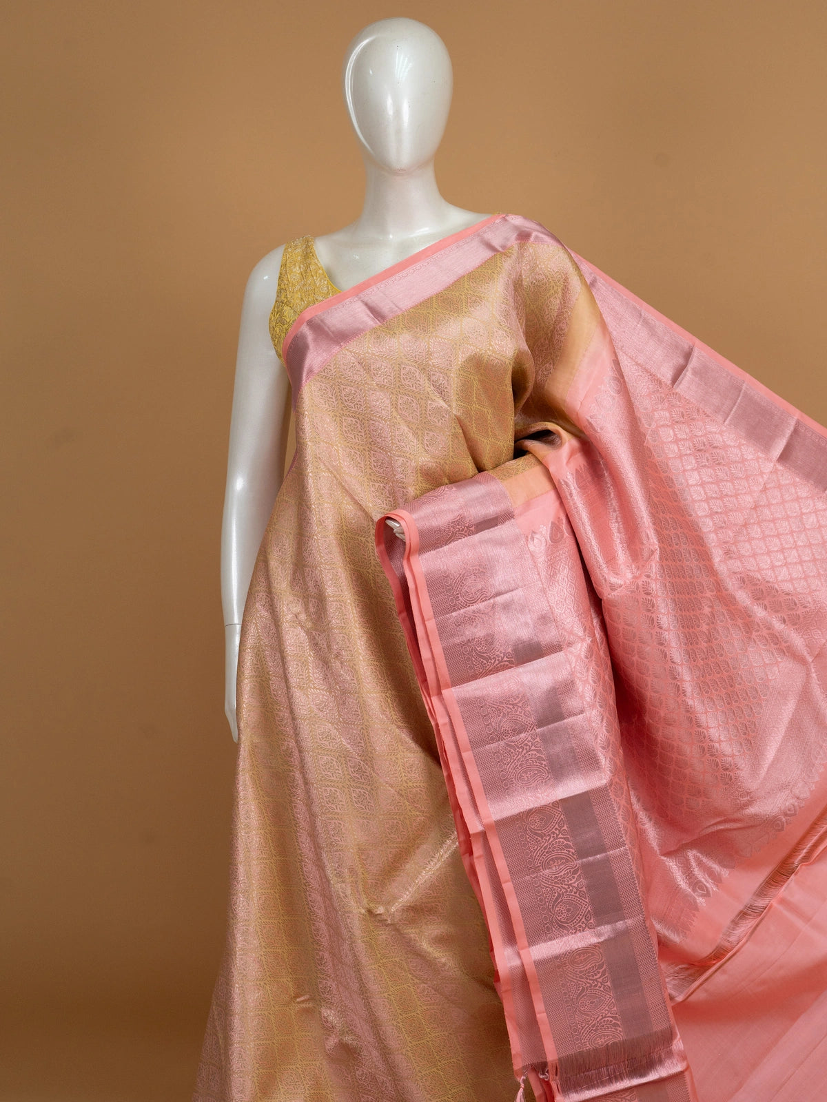 Gold and pink pure Kanchipuram silk saree with gold zari brocade body and contrast pink silver zari border