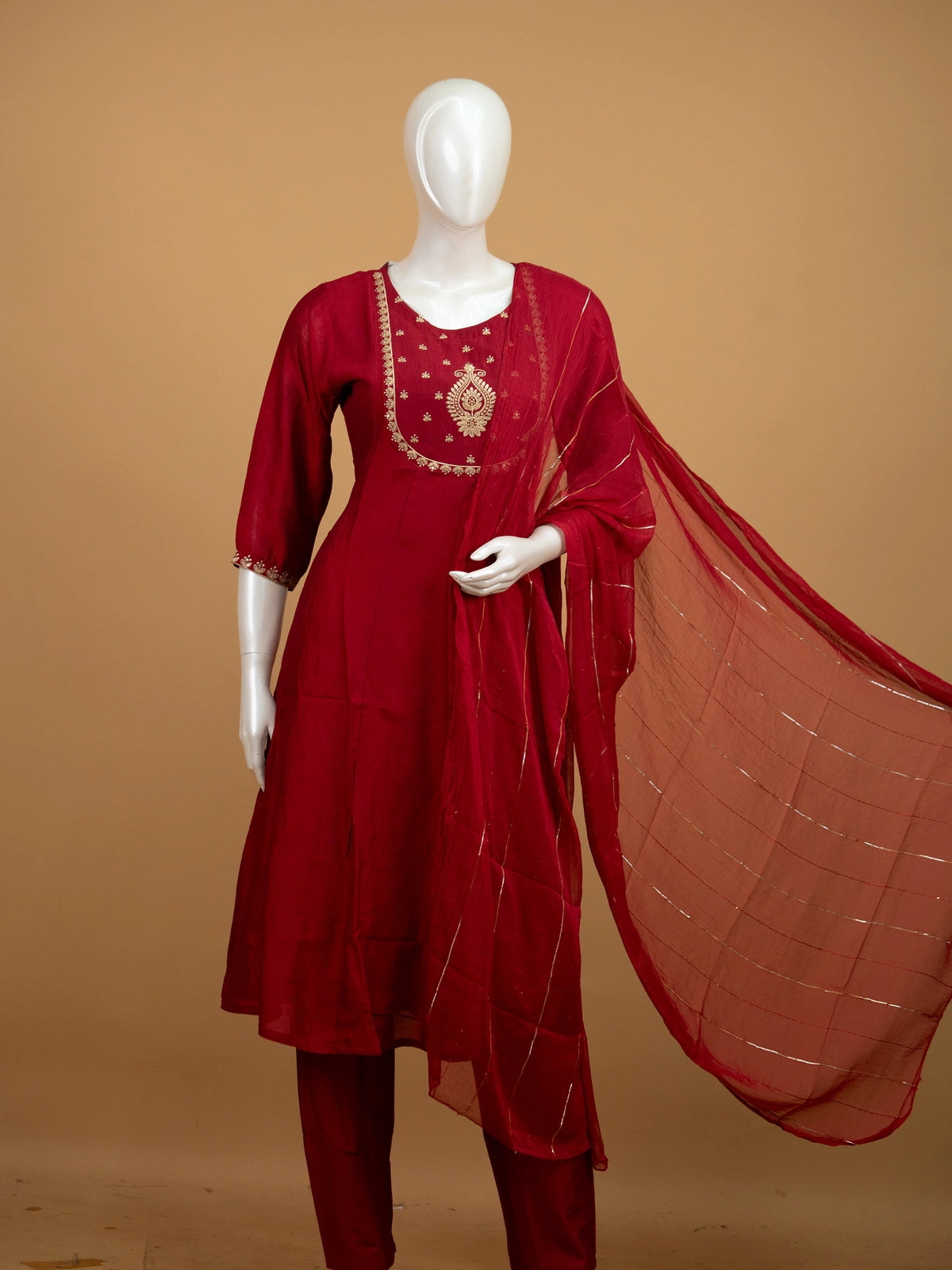 Red art silk zari embroidered Anarkali kurti set with matching pants and dupatta