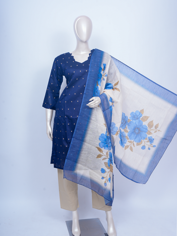 Navy blue zari butti kurti set with beige pants and cream blue floral print dupatta