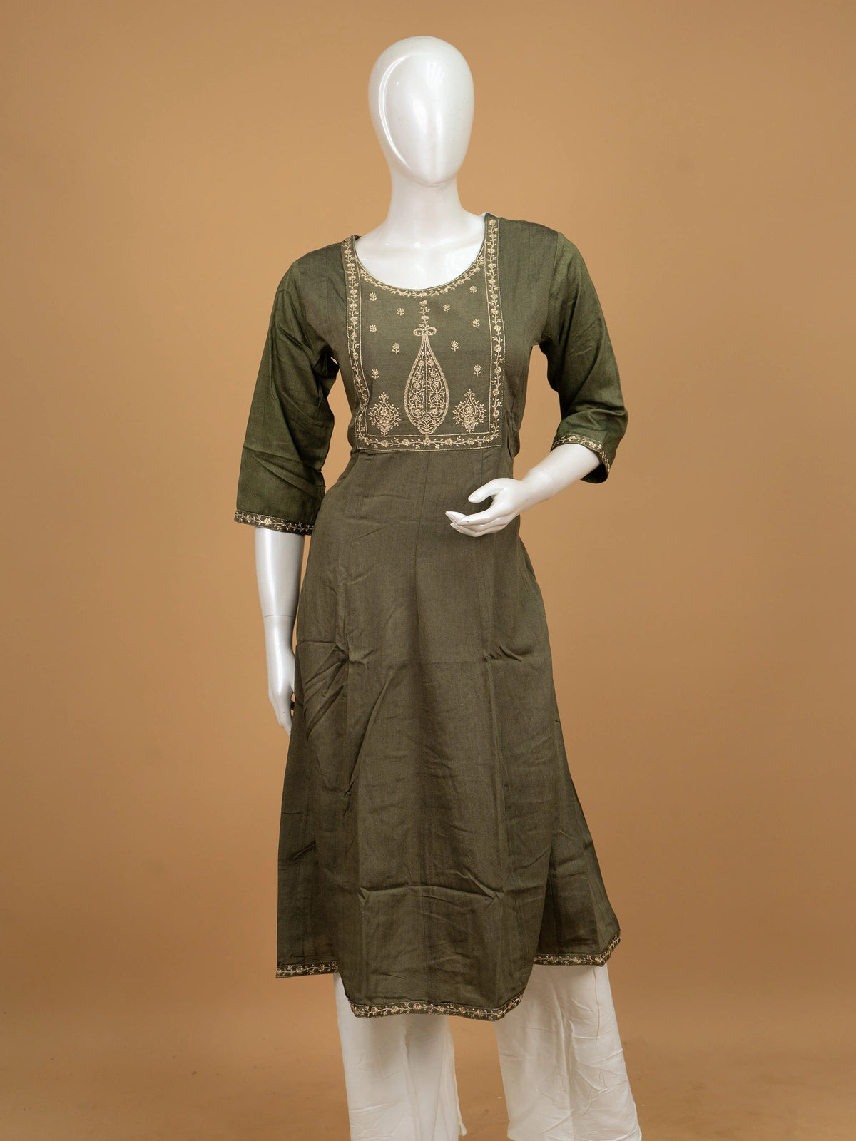 Olive green Zari embroidered Anarkali kurti top with gold yoke work and 3/4 sleeves