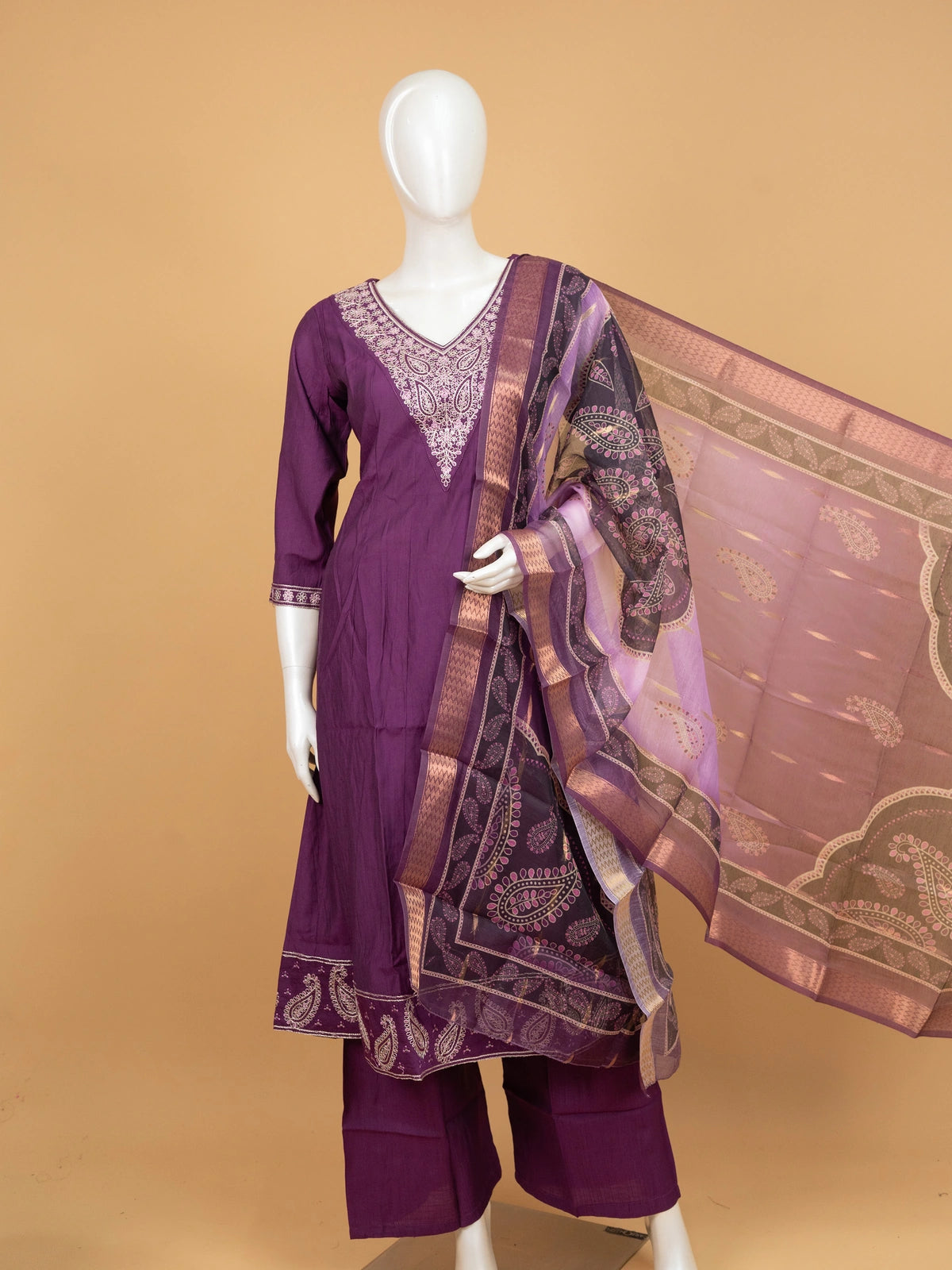 Purple embroidered cotton A-Line kurti set with pants and printed dupatta