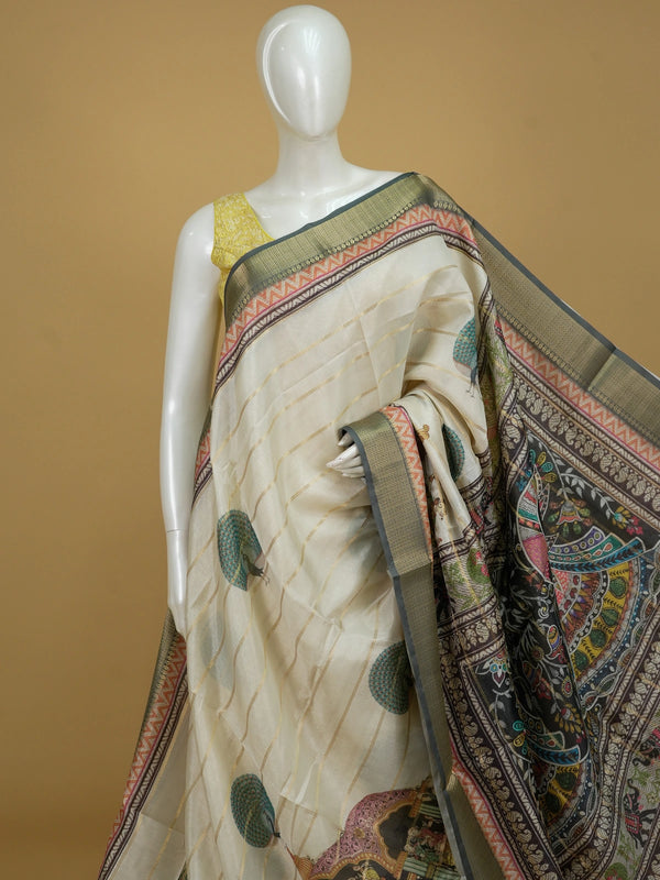 Cream and grey semi tussar saree with gold zari stripes and folk-art printed pallu
