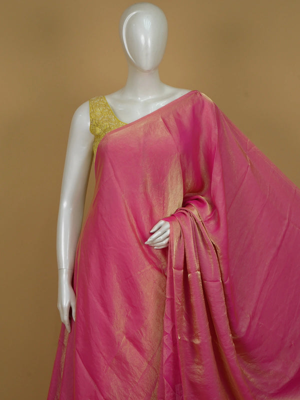Pink and gold tissue designer saree with gold shimmer and embellished contrast floral blouse