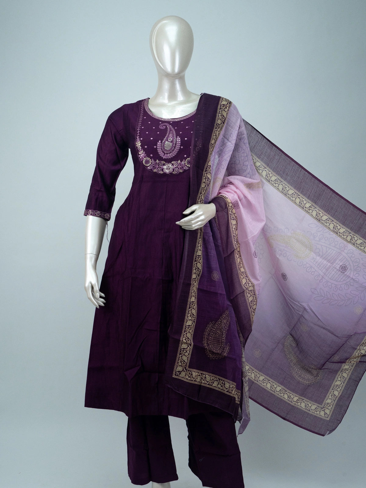 Purple sequin embroidered paisley Anarkali kurti set with ombre pink zari dupatta