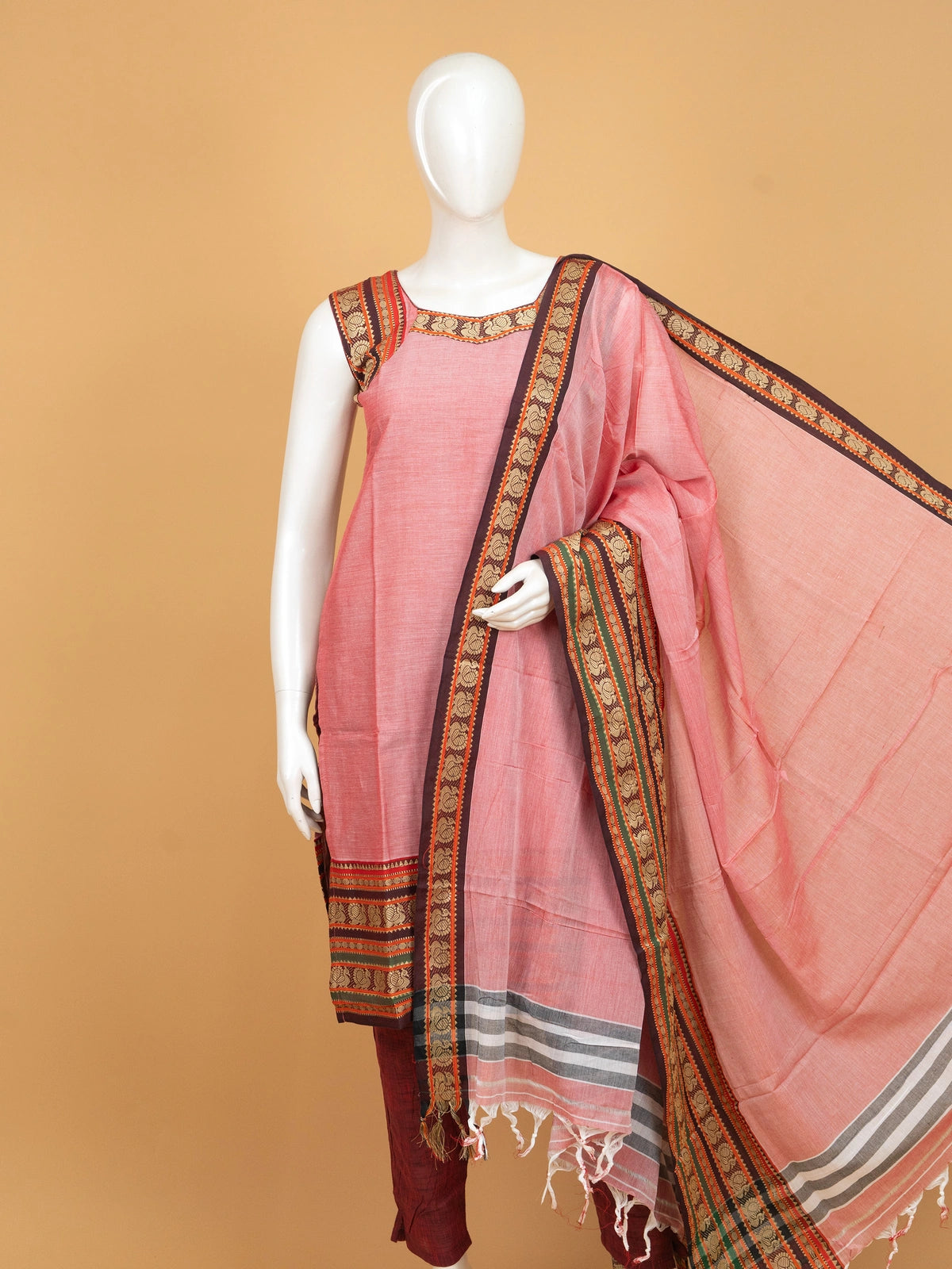 Rose pink handloom cotton straight cut kurti set with peacock woven border and matching dupatta