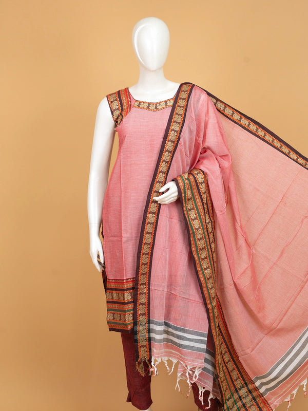 Rose pink handloom cotton straight cut kurti set with peacock woven border and matching dupatta