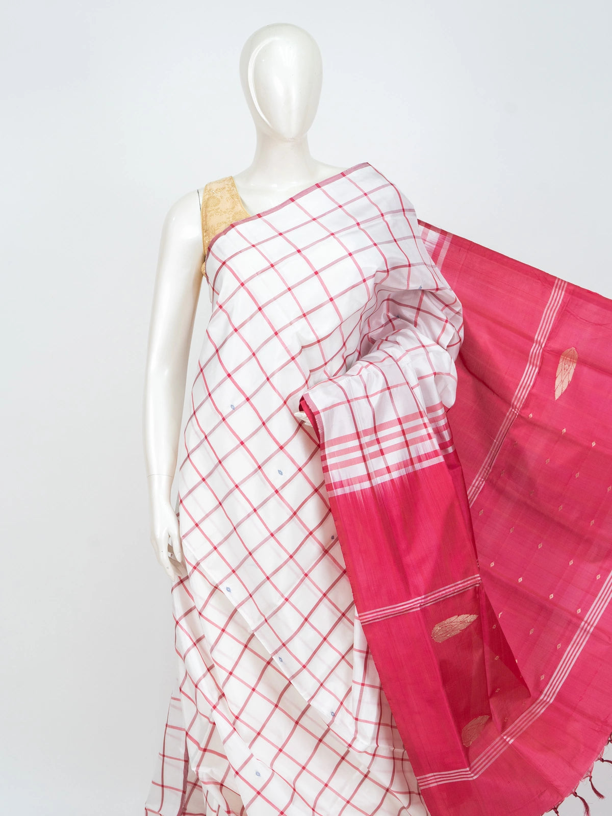 White Banana Silk saree with red windowpane checks and contrast pink-red zari pallu