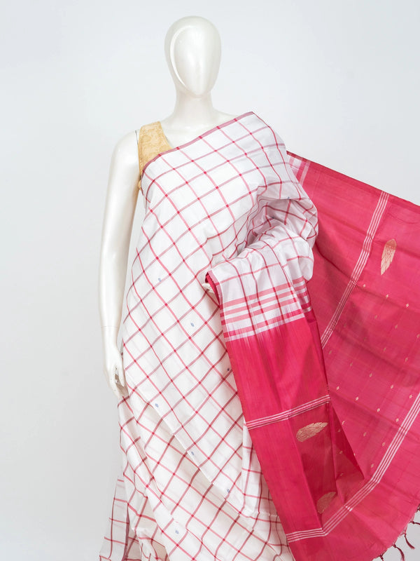 White Banana Silk saree with red windowpane checks and contrast pink-red zari pallu