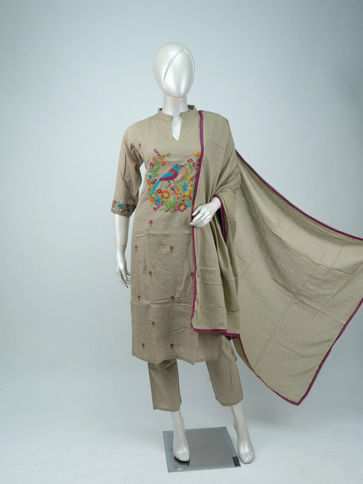 Beige bird embroidered cotton straight cut kurti set with pants and magenta bordered dupatta