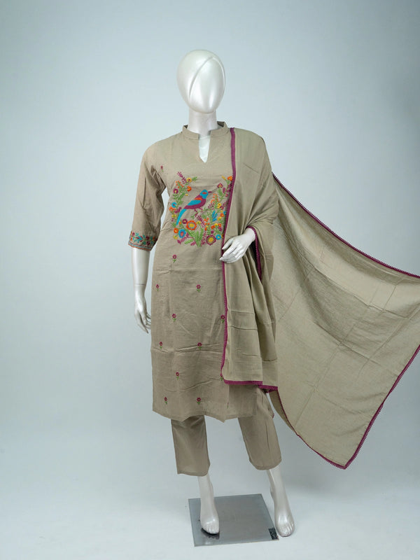 Beige bird embroidered cotton straight cut kurti set with pants and magenta bordered dupatta