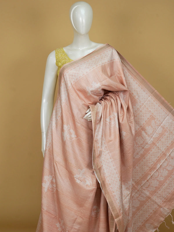 Peach Dola silk saree with white woven floral motifs and tonal zari border