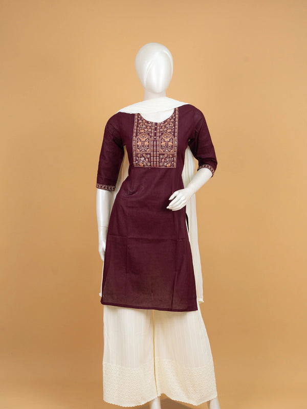 Wine cotton Anarkali kurti top with gold and copper zari embroidered yoke