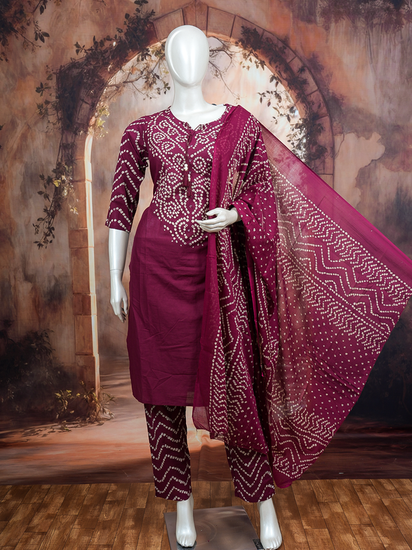 Wine and off-white Bandhani print cotton kurti set with matching pants and sheer dupatta