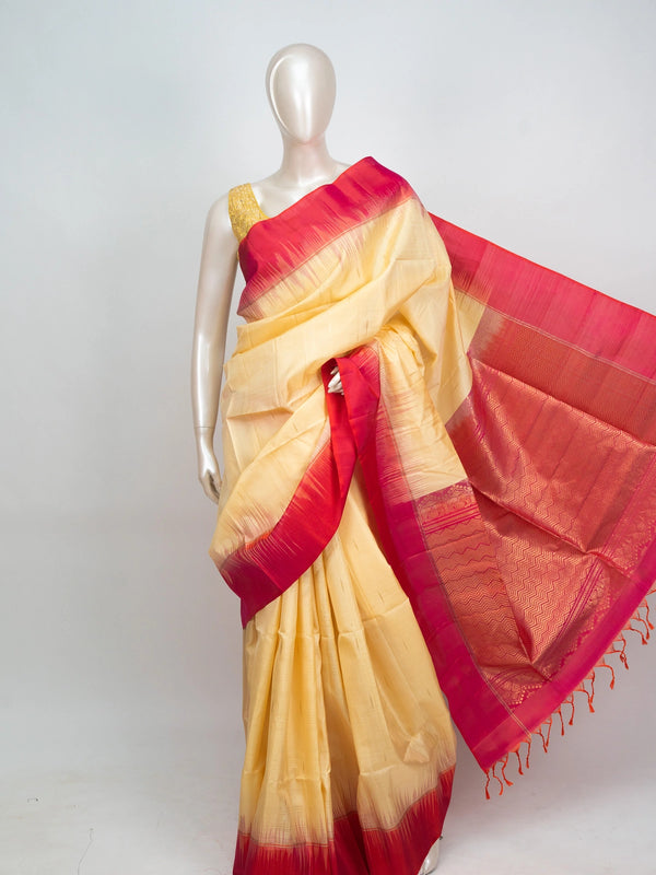 Cream soft silk saree with contrast red zari border and woven zari pallu
