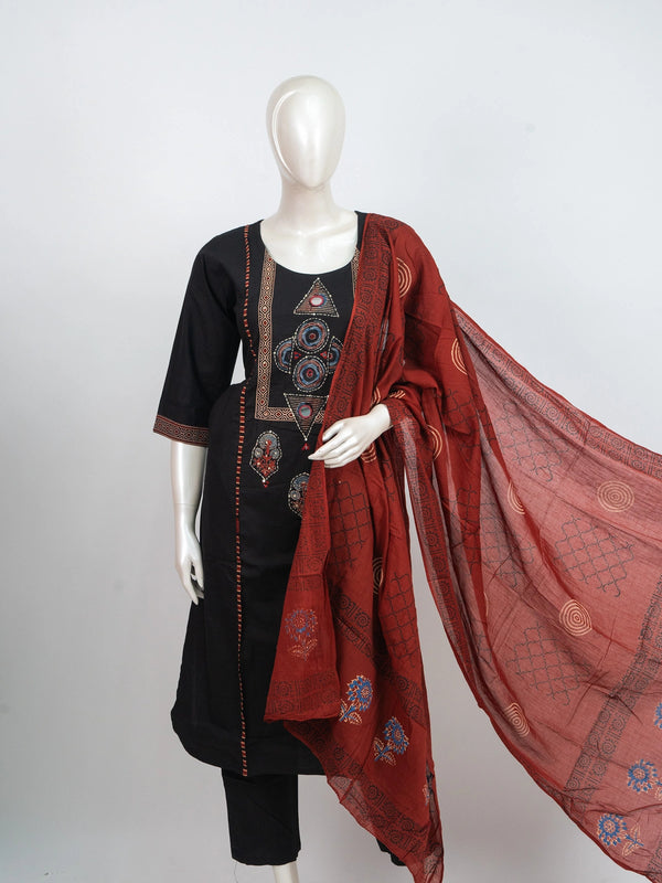 Black cotton straight cut kurti set with Ajrakh print mirror work and rust dupatta