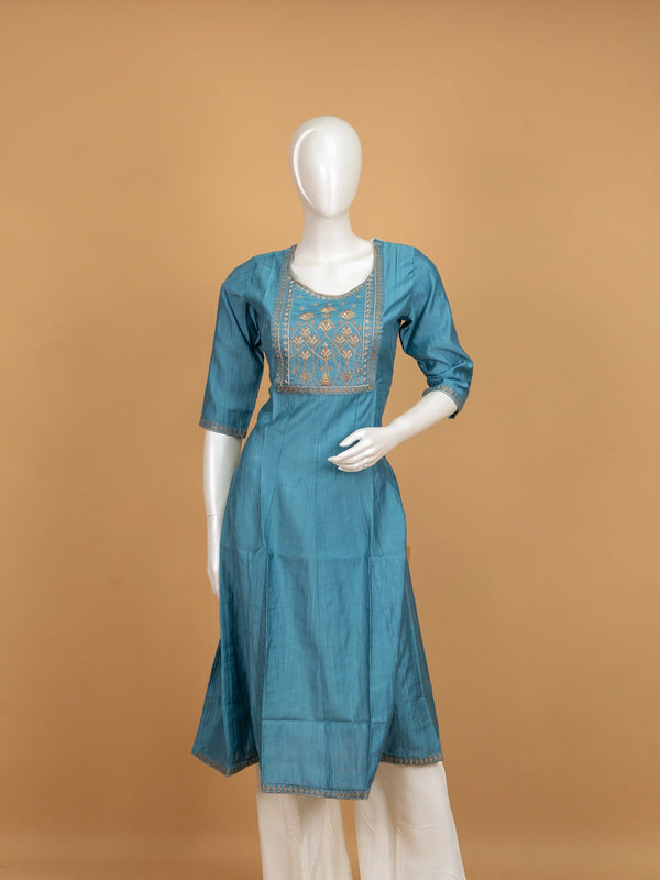 Teal Blue zari embroidered Anarkali kurti top with gold floral yoke work
