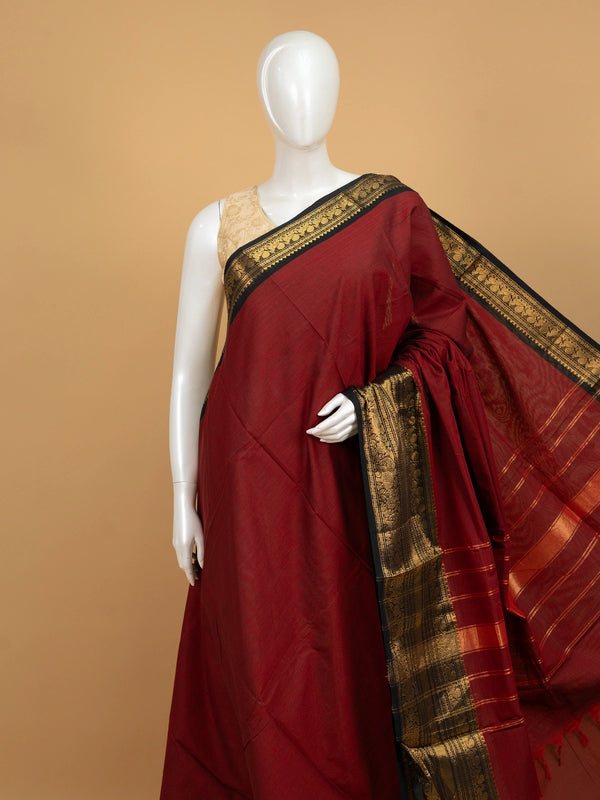 Maroon Chettinad cotton saree with black and gold zari contrast border