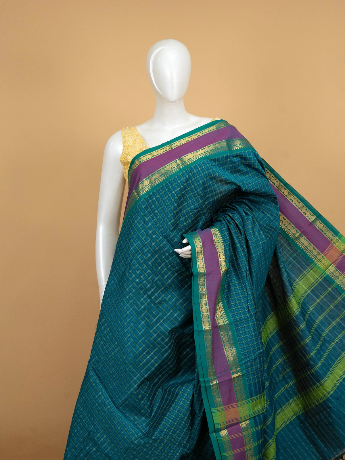Teal Chettinad cotton saree with checked body and contrast magenta-green gold zari border