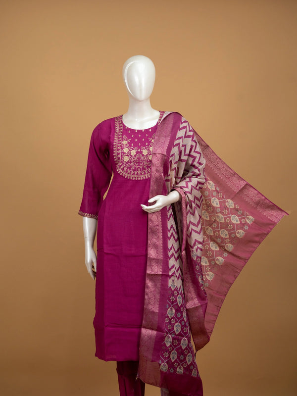 Rani Pink zari embroidered art silk straight cut kurti set with printed dupatta and pants
