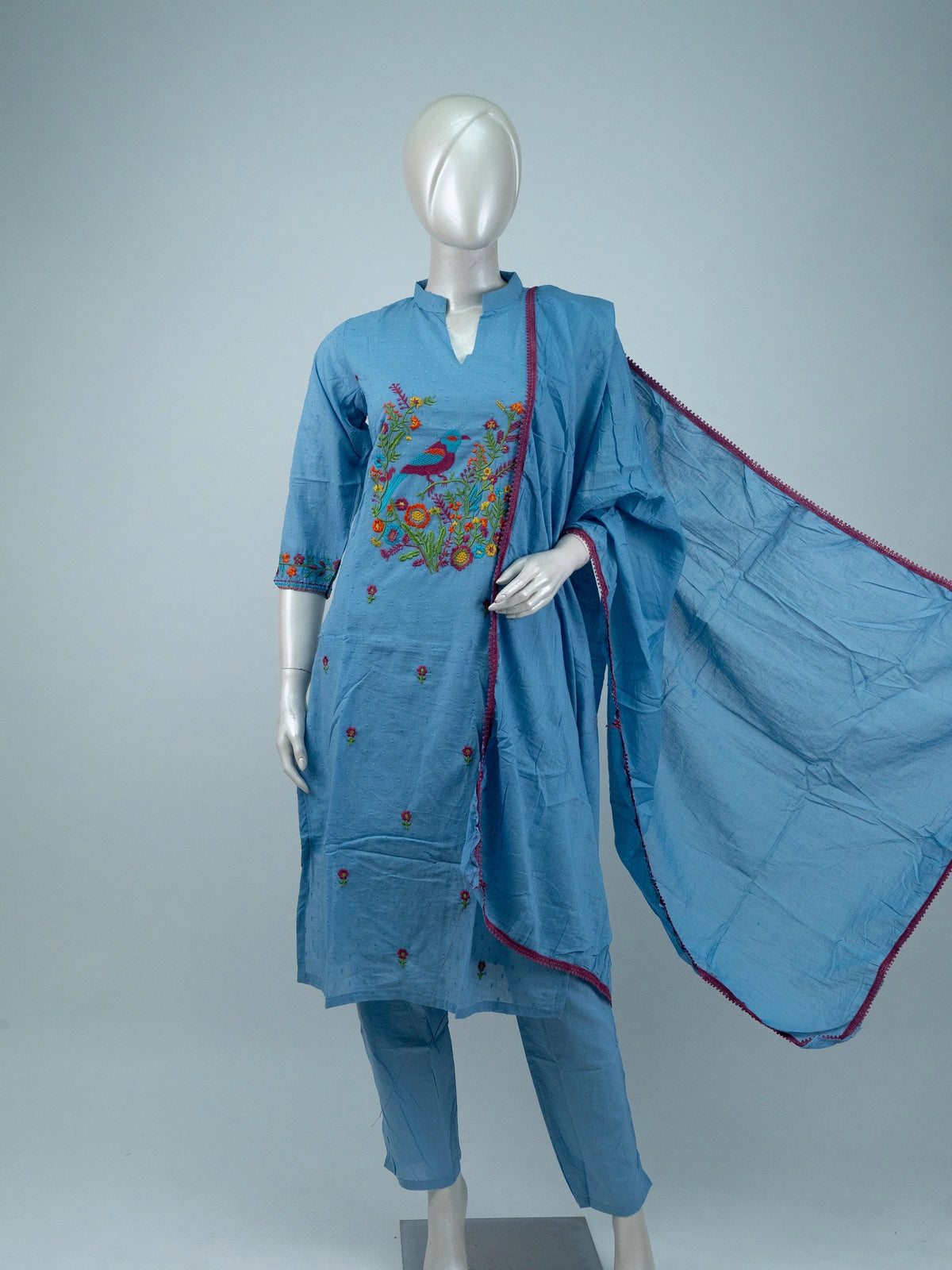 Sky Blue cotton straight cut kurti set with multicolour bird embroidery, matching pants and dupatta