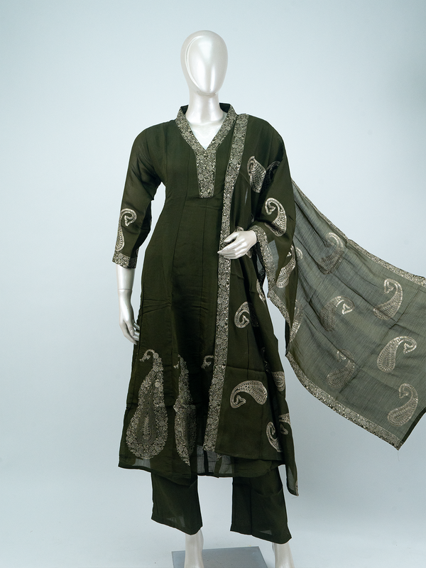 Olive green A-line kurti set with gold zari paisley embroidery, straight pants and matching dupatta