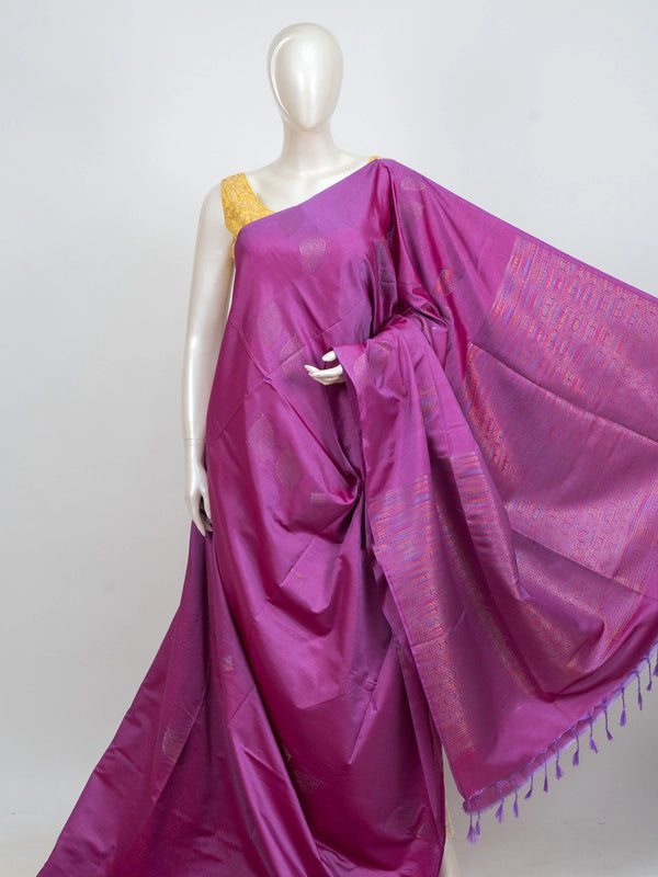Magenta purple Kanchipuram Fancy Silk saree with multicolour zari buttas, contrast border and tasselled pallu