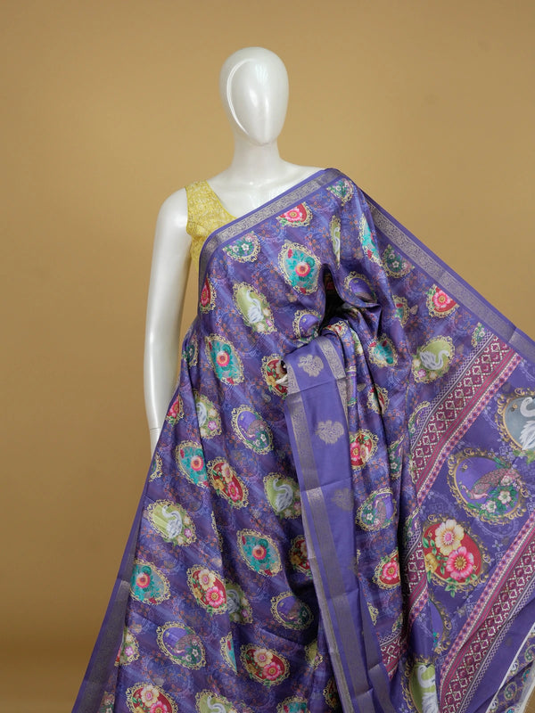 Violet Dola silk saree with gold-framed swan and floral cameo prints and a contrast zari border