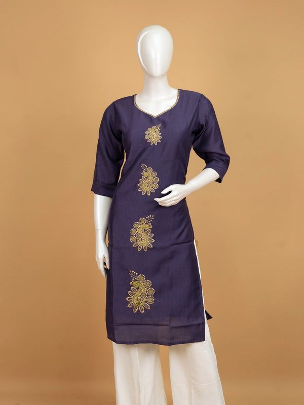 Purple paisley embroidered cotton straight cut kurti top with gold and green zari work