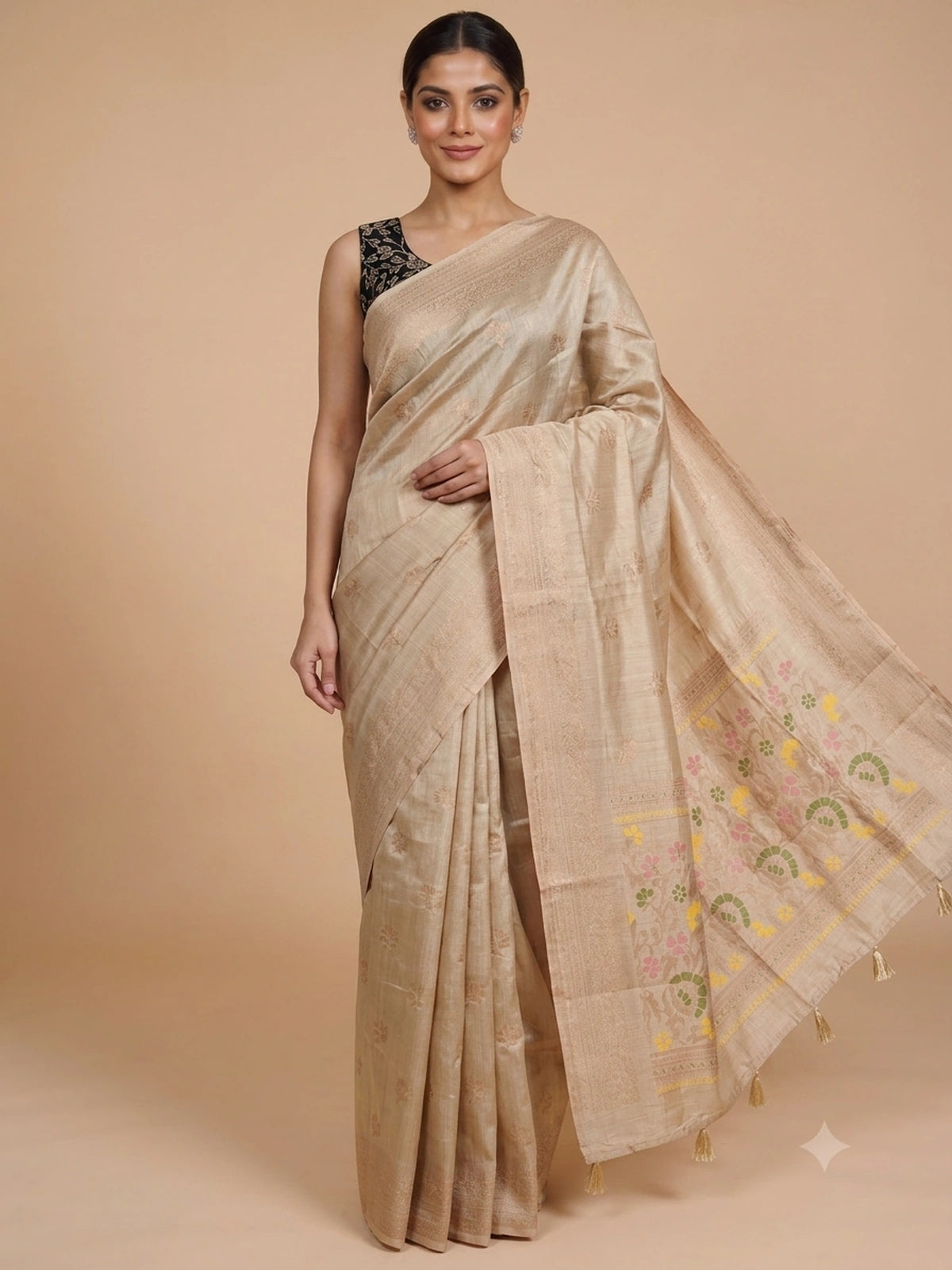 Beige semi raw silk saree with copper zari border and multicolour floral meenakari pallu