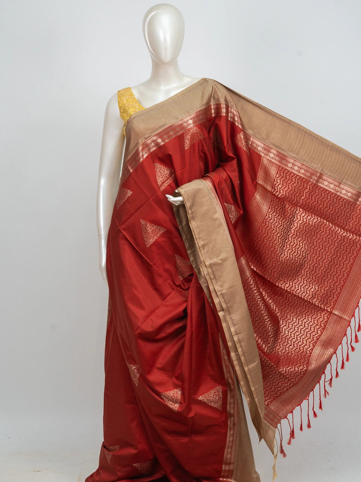 Red Kanchipuram Fancy Silk saree with contrast beige gold zari border and temple triangle motifs
