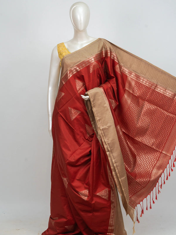 Red Kanchipuram Fancy Silk saree with contrast beige gold zari border and temple triangle motifs