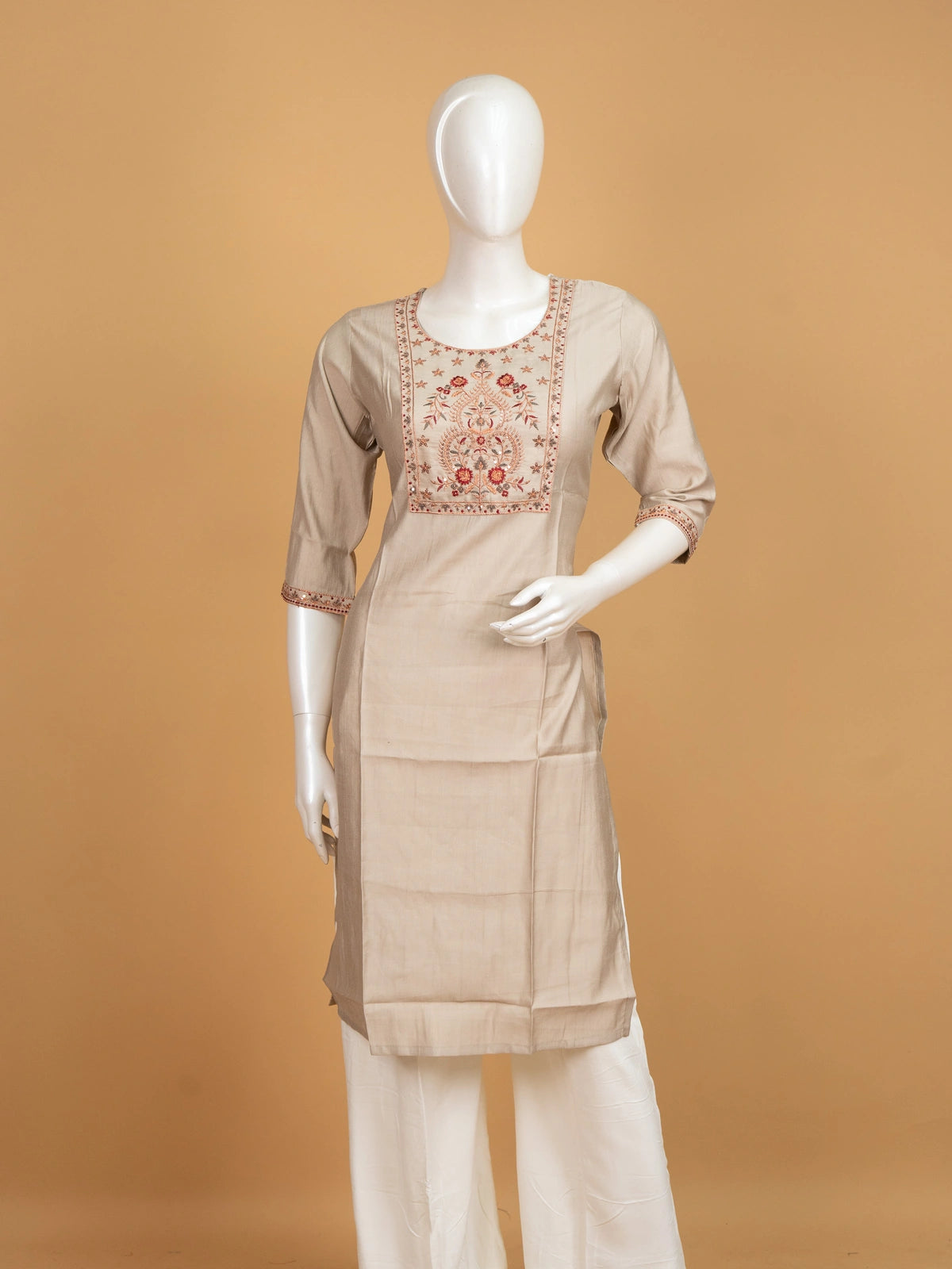 Beige floral embroidered cotton straight cut kurti top with sequin yoke