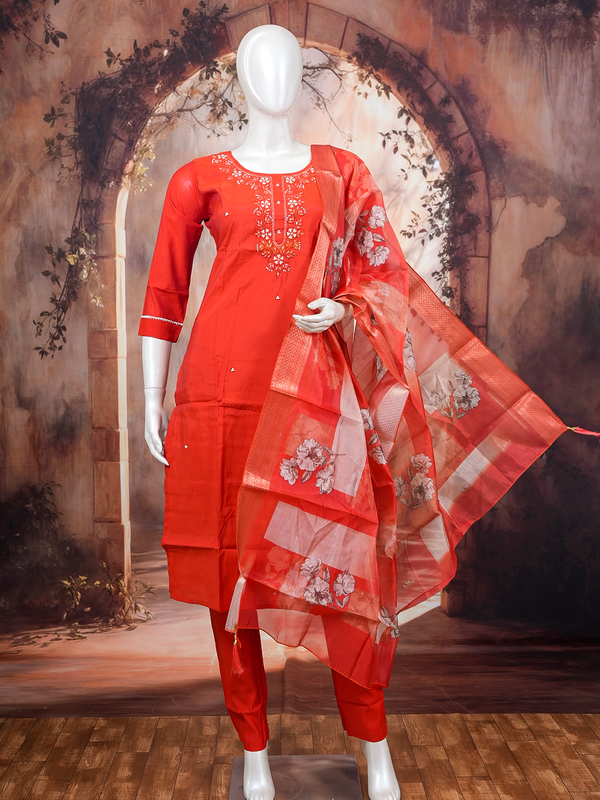 Red embroidered kurti set with straight pants and floral organza dupatta