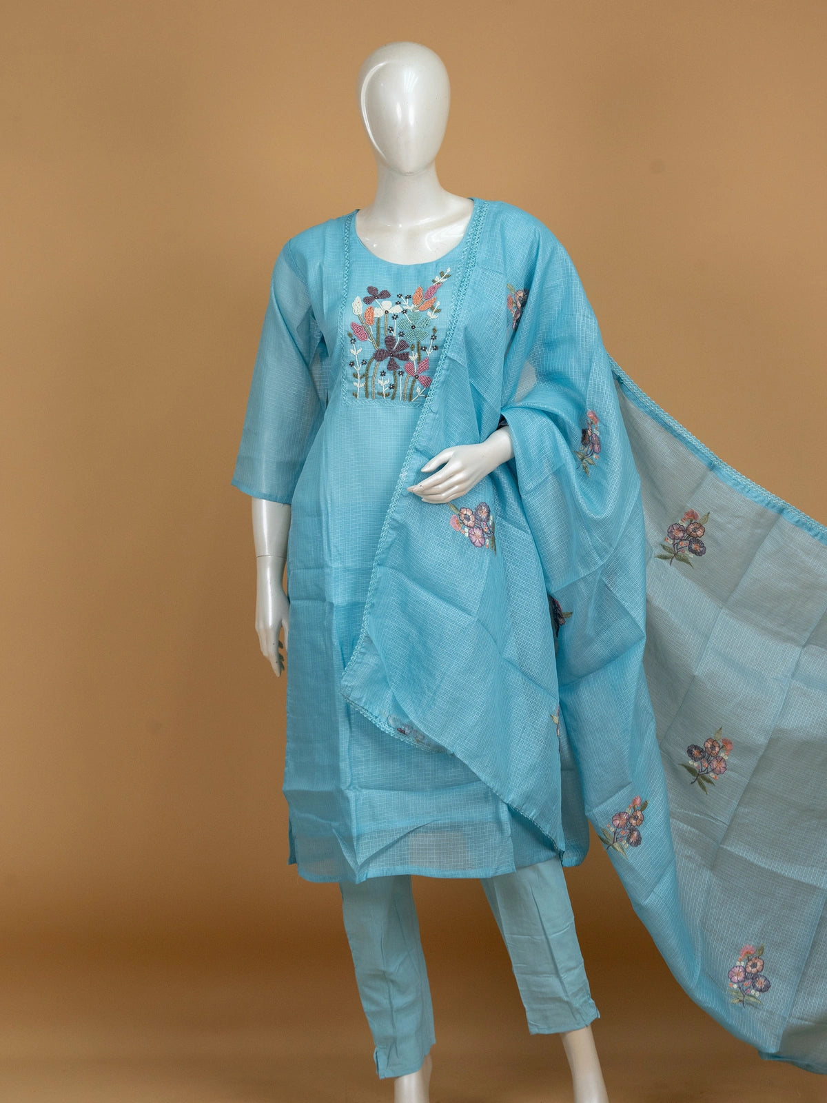 Sky blue Kota cotton straight cut kurti set with multicolour beaded floral embroidery and matching dupatta