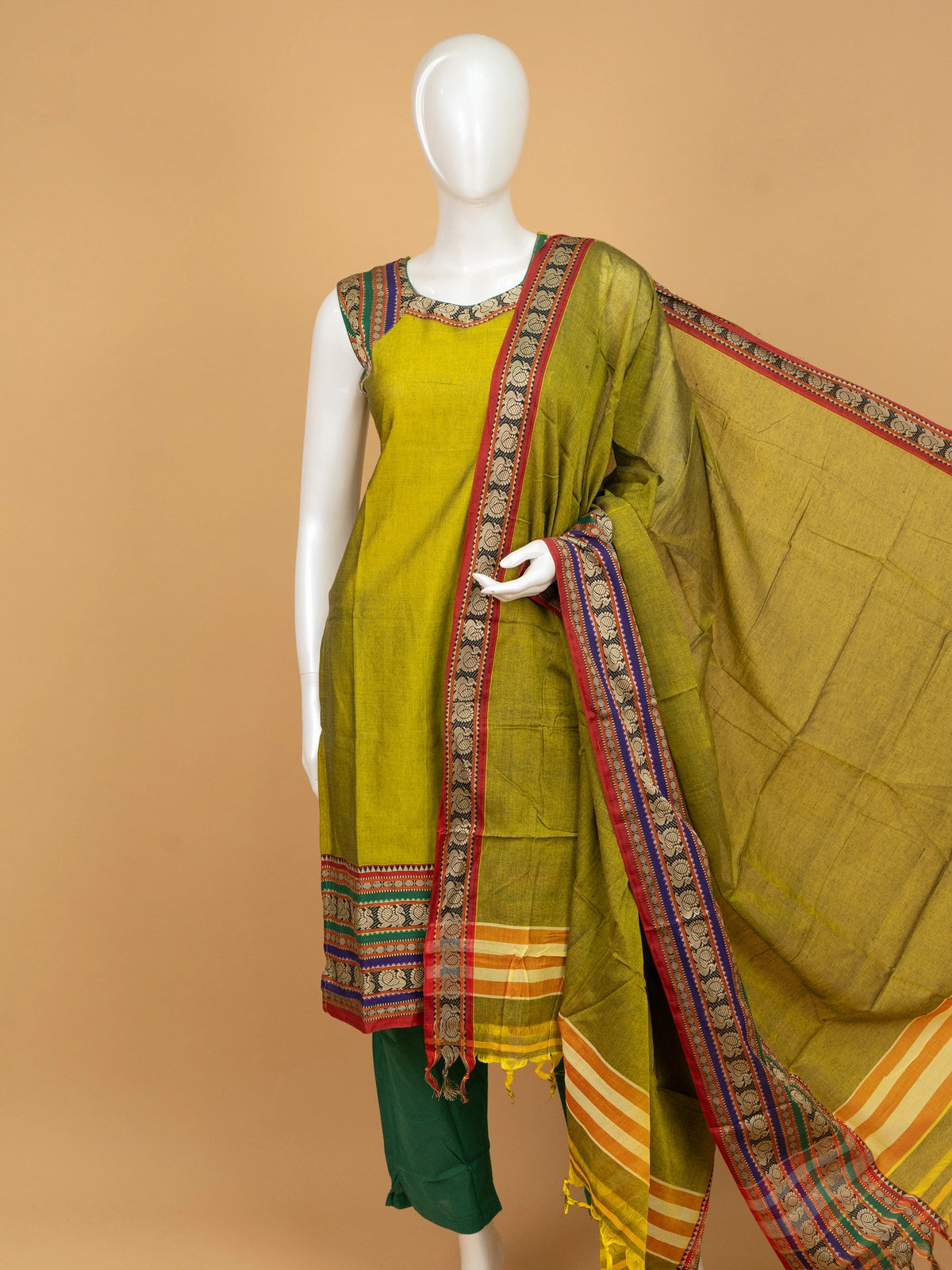 Mehndi green cotton straight cut kurti set with woven peacock border and matching dupatta
