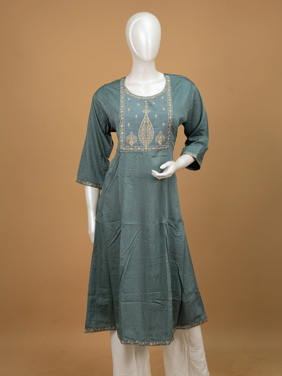 Teal gold zari embroidered Anarkali kurti top with 3/4th sleeves