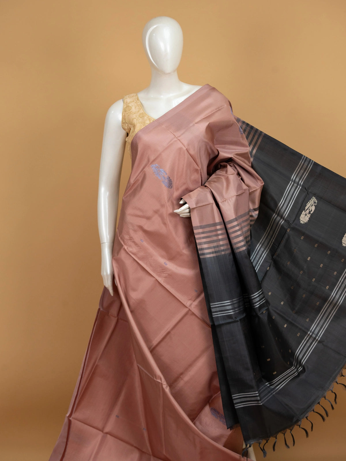 Dusty rose and black banana silk saree with contrast zari pallu and border