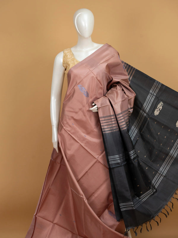Dusty rose and black banana silk saree with contrast zari pallu and border