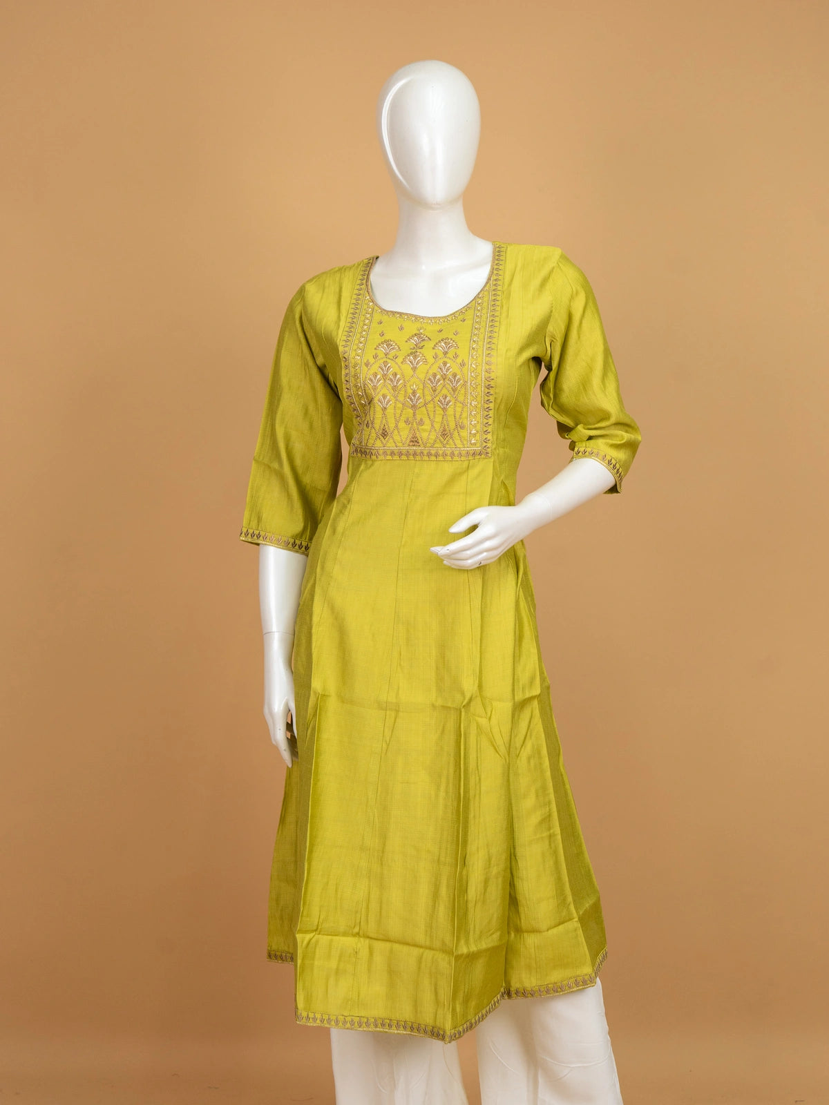 Lime green Zari embroidered art silk Anarkali kurti top with gold floral yoke