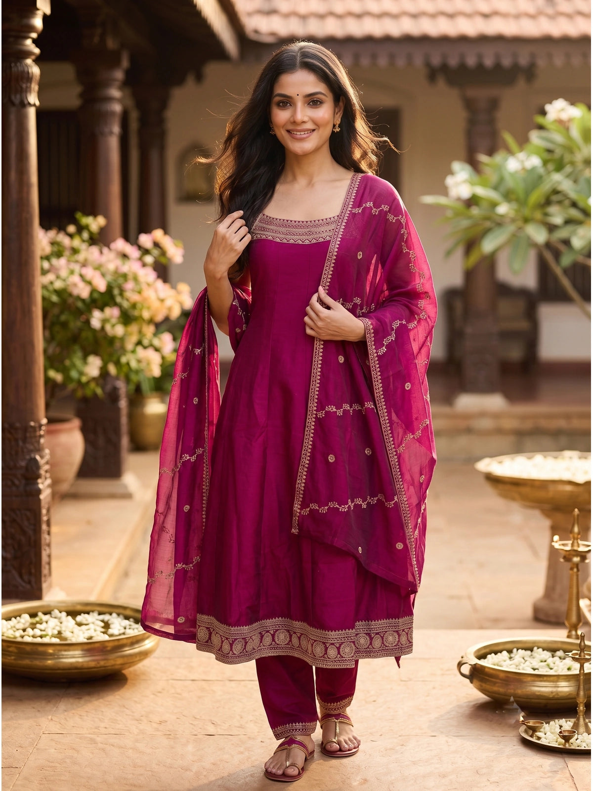 Rani Pink zari embroidered sleeveless A-line kurti set with straight pants and matching embroidered dupatta