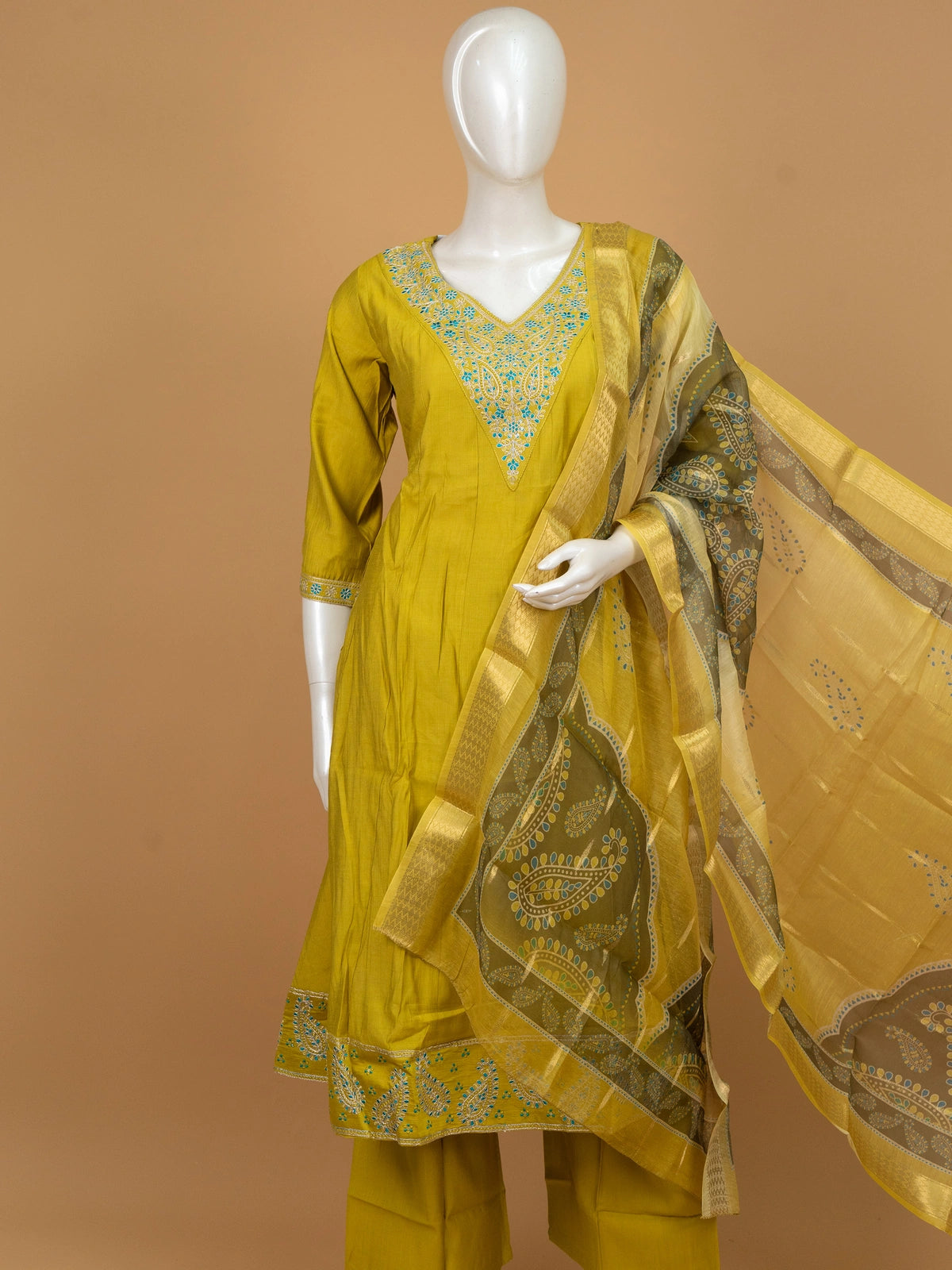 Mustard Yellow embroidered art silk A-line kurti set with turquoise neckline embroidery and paisley print dupatta