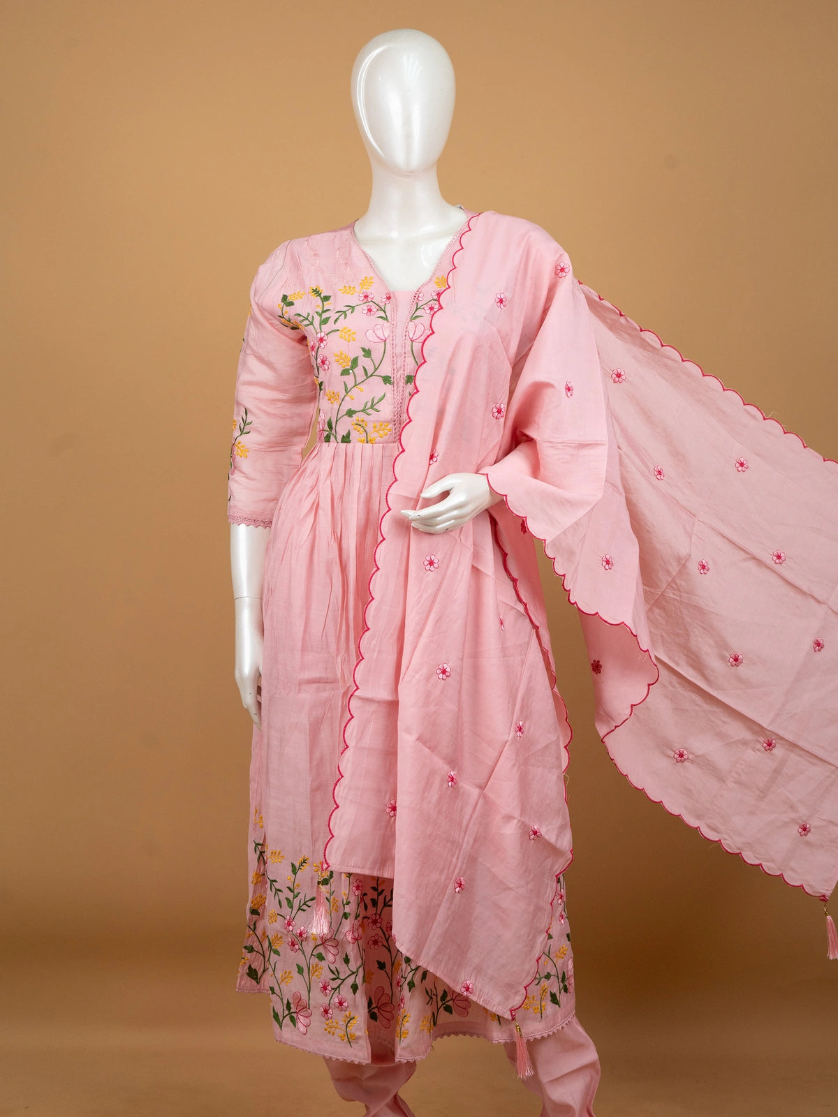 Pink floral embroidered cotton Anarkali kurti set with matching dupatta and pants