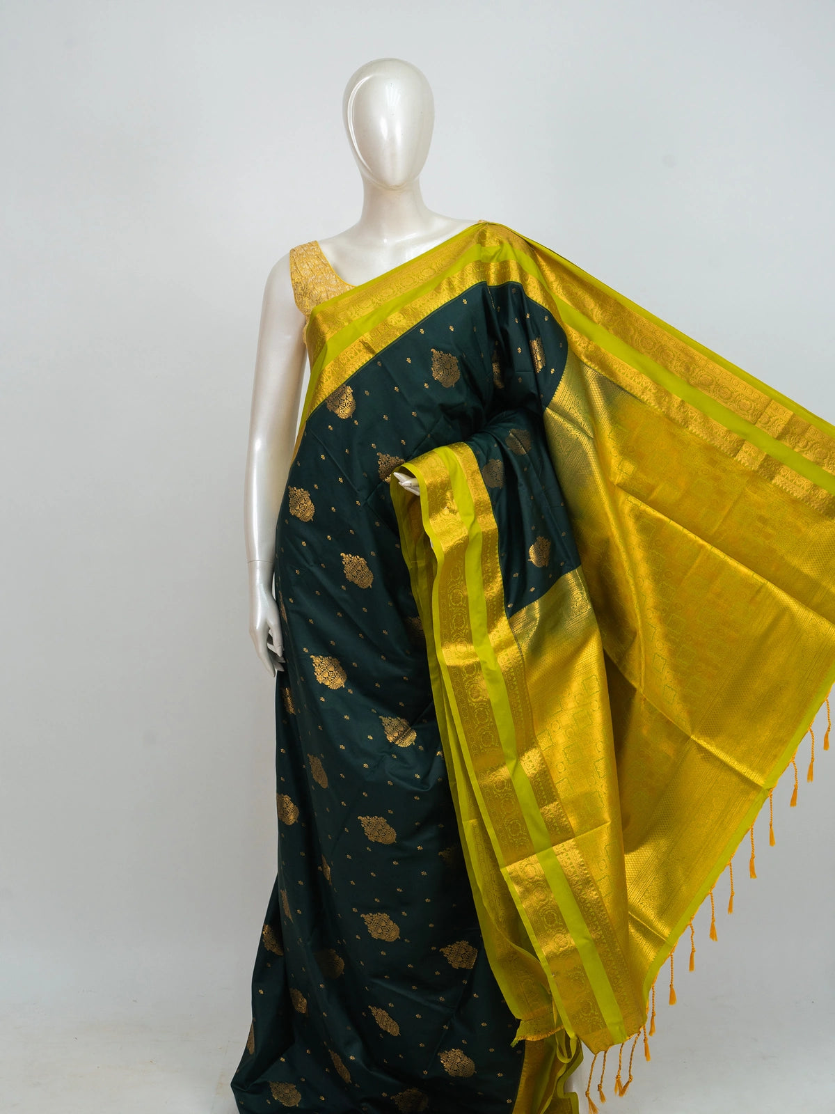 Bottle Green and Lime Gold Kanchipuram Fancy Silk Saree
