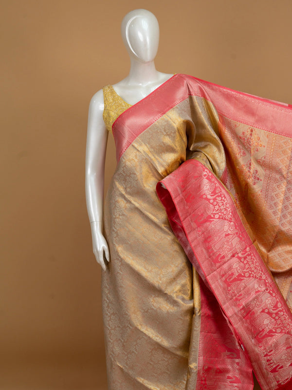 Gold pure Kanchipuram silk saree with tree-motif zari body and contrast pink elephant border