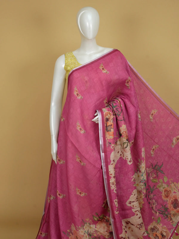 Pink floral linen cotton saree with watercolour floral pallu and silver zari border