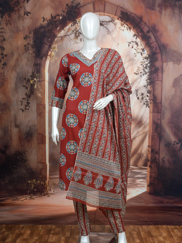 Maroon Ajrakh print cotton kurti set with blue medallion motifs, matching straight pants and printed dupatta