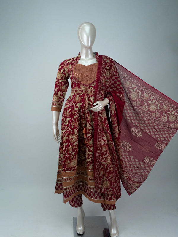 Maroon floral print cotton Anarkali kurti set with mirror work yoke, pants and dupatta
