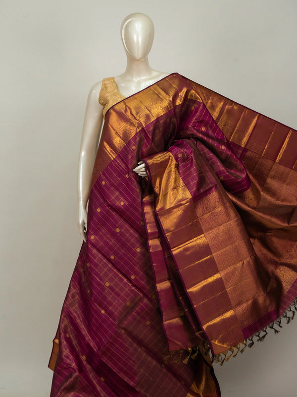 Magenta pure Kanchipuram silk saree with gold zari checks and contrast peacock-motif border