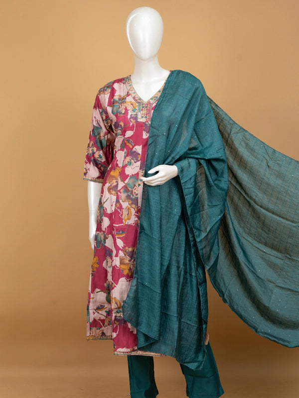 Pink floral printed silk blend A-line kurti set with embellished neckline and contrasting teal dupatta