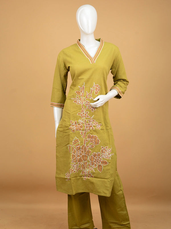 Mehndi green cotton straight cut kurti set with multicolour floral embroidery and cream dupatta